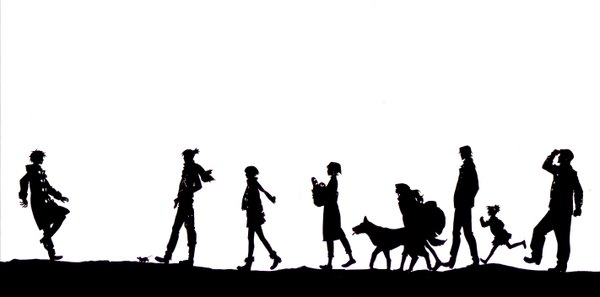 Anime picture 2842x1408 with no.6 studio bones nezumi (no.6) shion (no.6) inukashi (no.6) highres wide image white background silhouette hat animal coat child (children) dog bread mouse