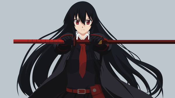 Anime picture 3840x2160 with akame ga kill! white fox akame (akame ga kill!) idealram single long hair looking at viewer fringe highres black hair simple background hair between eyes red eyes wide image holding absurdres grey background vector serious girl