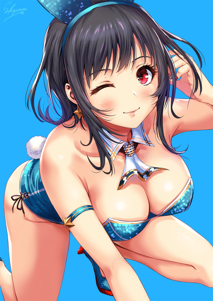 Anime picture 1000x1414 with kantai collection takao heavy cruiser sakiyamama single tall image looking at viewer blush fringe short hair breasts light erotic black hair simple background smile red eyes large breasts bare shoulders signed animal ears payot