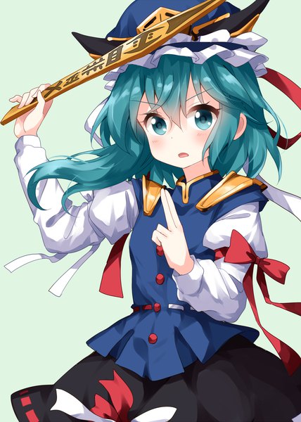 Anime picture 1000x1400 with touhou shikieiki yamaxanadu ruu (tksymkw) single long hair tall image blush fringe open mouth simple background hair between eyes aqua eyes aqua hair green background girl hat rod of remorse