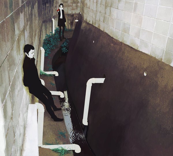 Аниме картинка 1159x1050 с оригинальное изображение kumaori jun короткие волосы чёрные волосы стоя всё тело профиль девушка мужчина цветок (цветы) вода шарф стена водопроводная труба