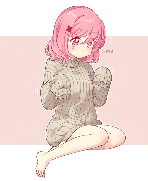 Anime picture 1184x1454 with doki doki literature club natsuki (doki doki literature club) nan (gokurou) single tall image blush fringe short hair simple background hair between eyes sitting signed pink hair full body bent knee (knees) long sleeves parted lips pink eyes barefoot alternate costume