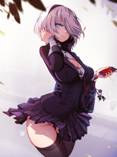 Anime picture 3141x4192 with nier nier:automata yorha no. 2 type b mitsu (mitsu art) single tall image looking at viewer fringe highres short hair breasts blue eyes light erotic smile standing holding absurdres silver hair pleated skirt hair over one eye