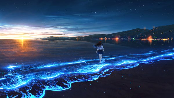 Anime picture 5120x2880 with original shuu illust single long hair highres black hair wide image absurdres sky cloud (clouds) outdoors pleated skirt wind from behind beach glowing evening sunset horizon mountain