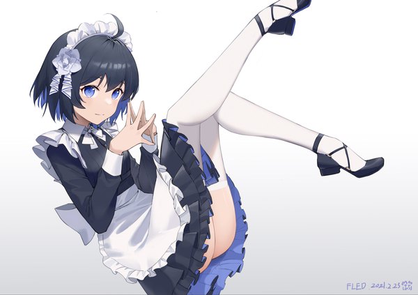 Anime picture 3581x2523 with honkai impact 3rd honkai (series) seele vollerei fled single highres short hair blue eyes light erotic black hair simple background signed absurdres full body ahoge multicolored hair maid legs gradient background dated