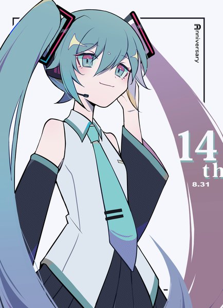 Anime picture 1000x1384 with vocaloid hatsune miku sasa kado (redbluemoon74) single long hair tall image fringe simple background hair between eyes white background twintails aqua eyes aqua hair dated framed anniversary girl detached sleeves necktie headphones