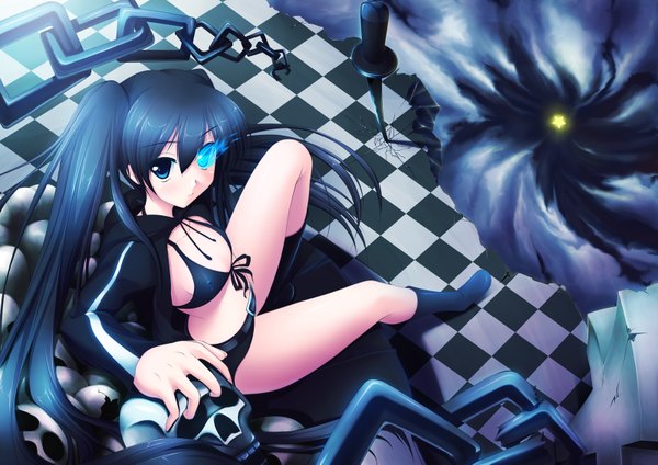 Anime picture 1600x1132 with black rock shooter black rock shooter (character) kuroi mato twintails glowing glowing eye (eyes) checkered floor checkered background girl chain skull