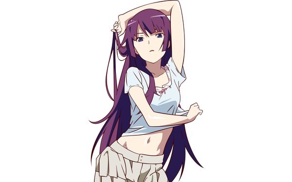 Anime picture 8000x5000 with bakemonogatari shaft (studio) monogatari (series) senjougahara hitagi single long hair looking at viewer fringe highres simple background white background purple eyes absurdres purple hair upper body bare belly wallpaper hand on head vector girl