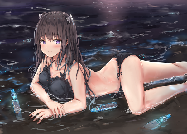 Anime picture 3879x2787 with original na kyo single long hair looking at viewer blush fringe highres breasts light erotic hair between eyes brown hair purple eyes payot absurdres cleavage outdoors lying two side up beach