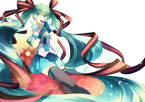 Anime picture 1507x1065 with vocaloid hatsune miku hiroimu single looking at viewer blush blue eyes simple background smile white background sitting twintails very long hair green hair girl thighhighs skirt gloves flower (flowers) ribbon (ribbons)