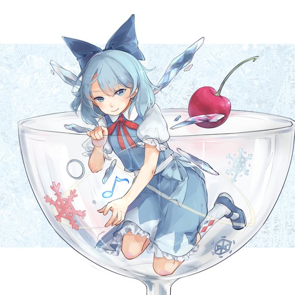 Anime picture 1660x1660 with touhou cirno yorktown cv-5 single looking at viewer fringe short hair blue eyes simple background smile blue hair full body short sleeves puffy sleeves kneeling transparent minigirl in container girl dress