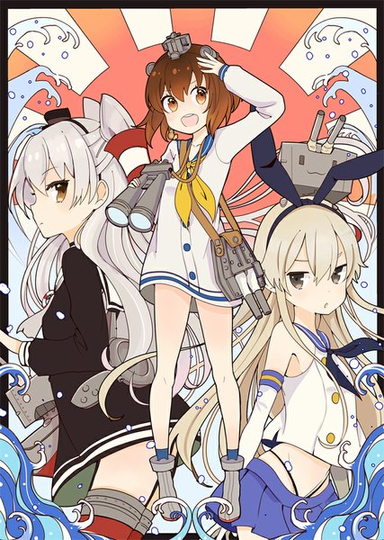 Anime picture 700x984 with kantai collection shimakaze destroyer rensouhou-chan amatsukaze destroyer yukikaze destroyer tirori (color crew) long hair tall image looking at viewer fringe short hair open mouth light erotic smile brown hair standing multiple girls brown eyes silver hair grey hair