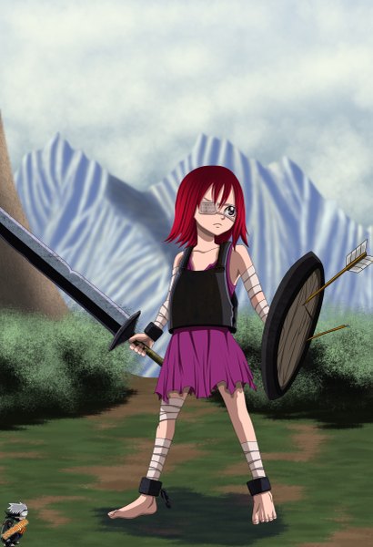 Anime picture 821x1200 with fairy tail erza scarlet abuamin32 single tall image short hair brown eyes sky cloud (clouds) red hair loli coloring girl dress weapon plant (plants) sword grass bandage (bandages) eyepatch