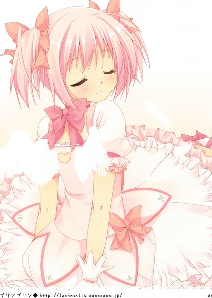 Anime picture 2489x3500 with mahou shoujo madoka magica shaft (studio) kaname madoka purin purin single tall image blush highres short hair smile twintails pink hair eyes closed scan short twintails girl dress bow