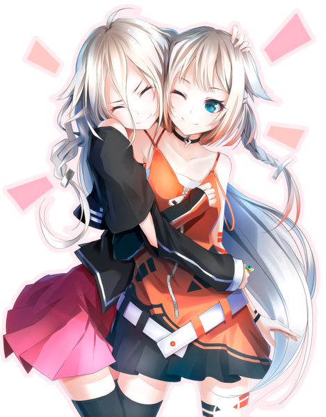 Anime picture 1000x1279 with vocaloid cevio ia (vocaloid) one (cevio) ajigo long hair tall image blush fringe blue eyes blonde hair smile hair between eyes bare shoulders multiple girls holding ahoge braid (braids) eyes closed pleated skirt
