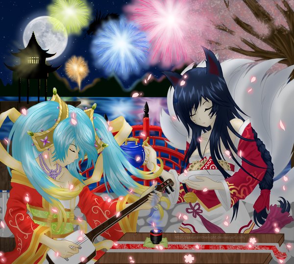 Anime picture 2510x2255 with league of legends ahri (league of legends) sona buvelle sakurainthenight long hair highres black hair twintails multiple girls animal ears eyes closed multicolored hair facial mark multiple tails whisker markings fireworks girl 2 girls full moon