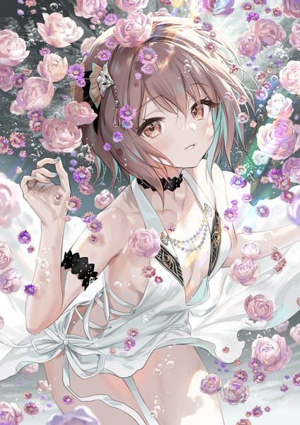 Anime picture 1000x1414 with original midori foo single tall image looking at viewer blush fringe short hair breasts light erotic hair between eyes brown hair bare shoulders brown eyes nail polish parted lips hair flower fingernails light smile blurry