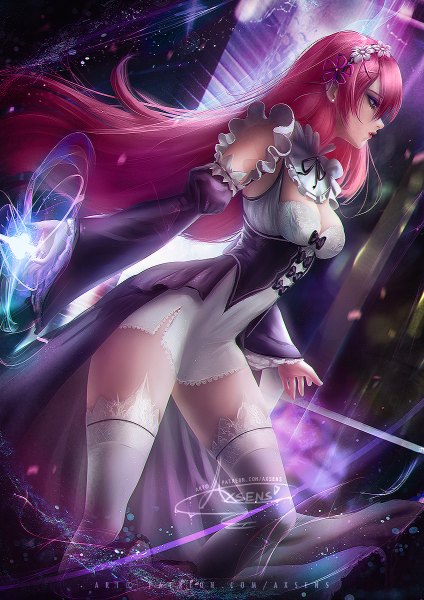 Anime picture 848x1200 with re:zero kara hajimeru isekai seikatsu white fox ram (re:zero) axsen single long hair tall image fringe breasts hair between eyes standing signed looking away pink hair cleavage bent knee (knees) parted lips profile realistic wide sleeves