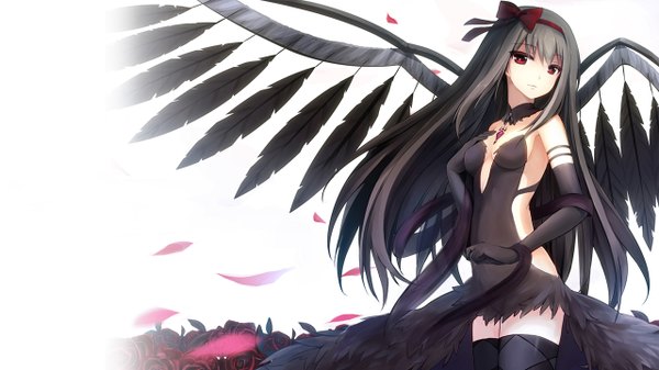 Anime picture 1280x720 with mahou shoujo madoka magica shaft (studio) akemi homura akuma homura rods single long hair looking at viewer light erotic black hair red eyes wide image white background girl thighhighs dress flower (flowers) bow hair bow petals