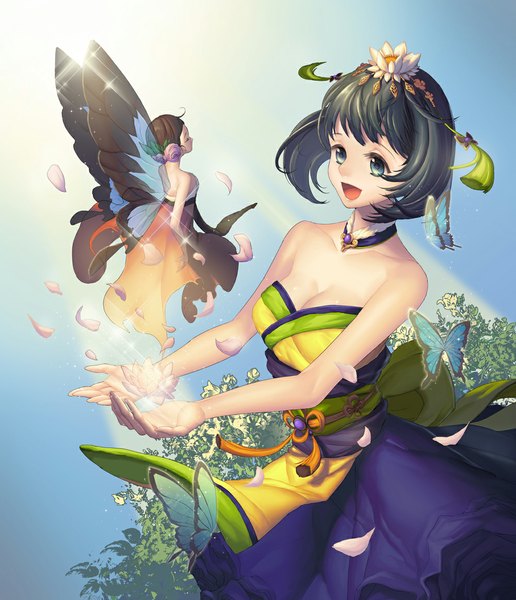 Anime picture 1000x1163 with original mt (ringofive) gahyun tall image short hair open mouth blue eyes black hair brown hair bare shoulders multiple girls insect wings butterfly wings fairy girl dress hair ornament flower (flowers) 2 girls petals