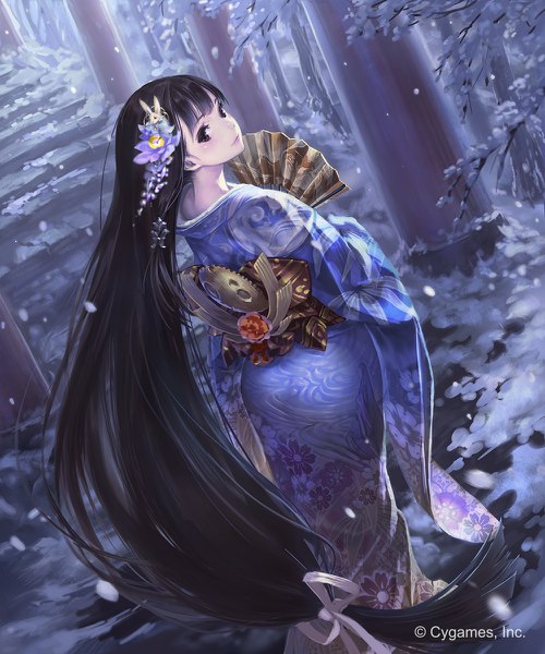 Anime picture 1000x1200 with shingeki no bahamut celestial kaguya hisakata souji single tall image looking at viewer blush fringe black hair brown eyes outdoors very long hair long sleeves traditional clothes japanese clothes looking back hair flower floral print snowing winter