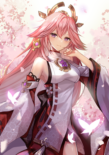 Anime picture 1200x1697 with genshin impact yae miko kusunokinawate single long hair tall image looking at viewer blush fringe breasts light erotic hair between eyes standing purple eyes bare shoulders animal ears pink hair traditional clothes japanese clothes arm up