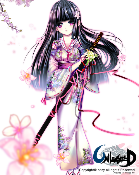 Anime picture 800x1010 with unleashed cozy (koko9037) single long hair tall image looking at viewer black hair purple eyes traditional clothes japanese clothes copyright name girl flower (flowers) ribbon (ribbons) weapon petals sword kimono katana obi