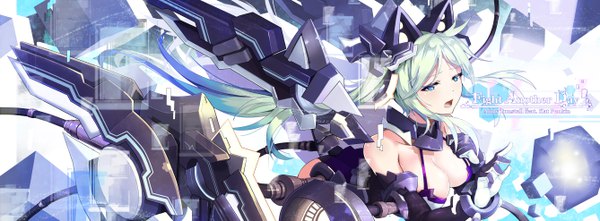 Anime picture 5350x1975 with cytus jie laite single long hair highres breasts open mouth blue eyes light erotic wide image twintails looking away cleavage upper body green hair inscription text gradient hair mechanical wings girl