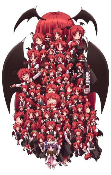 Anime picture 1400x2200 with touhou patchouli knowledge hong meiling koakuma lzh long hair tall image open mouth simple background red eyes multiple girls red hair group 6+ girls head wings demon wings multiple persona l l . . girl