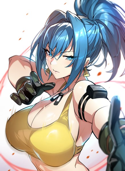 Anime picture 1524x2087 with the king of fighters snk leona heidern senri gan single long hair tall image looking at viewer fringe breasts blue eyes light erotic simple background hair between eyes white background payot blue hair upper body ponytail huge breasts