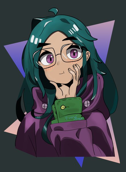 Anime picture 1467x2000 with original everyfrost single long hair tall image looking at viewer blush simple background purple eyes signed payot upper body ahoge long sleeves aqua hair sleeves past wrists portrait hand on face cute :t