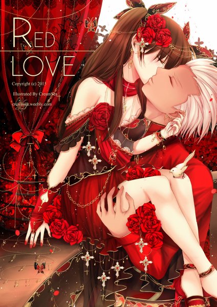 Anime picture 905x1280 with fate (series) fate/stay night type-moon toosaka rin archer (fate) creamsea long hair tall image short hair brown hair white hair eyes closed couple kiss girl dress boy flower (flowers) animal petals