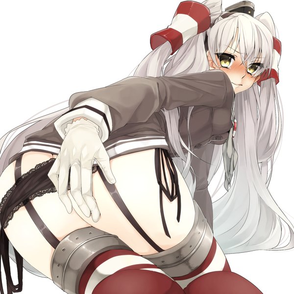 Anime picture 2000x2000 with kantai collection amatsukaze destroyer vivi-t (akagami) single long hair looking at viewer blush highres light erotic white background yellow eyes ass white hair two side up girl thighhighs hair ornament underwear panties hat