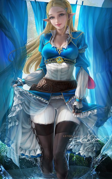 Anime picture 687x1100 with the legend of zelda the legend of zelda: breath of the wild nintendo princess zelda sakimichan single long hair tall image looking at viewer fringe breasts blue eyes blonde hair standing signed payot cleavage outdoors parted lips light smile