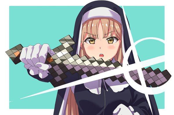 Anime picture 2635x1756 with minecraft virtual youtuber nijisanji sister cleaire karahai (31448823) single long hair looking at viewer blush highres open mouth blonde hair yellow eyes upper body border aqua background girl gloves weapon sword