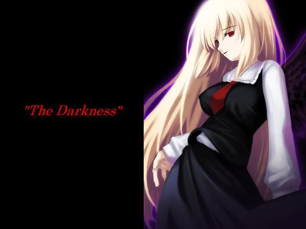 Anime picture 1448x1086 with touhou rumia single blonde hair red eyes very long hair light smile girl dress skirt necktie skirt set