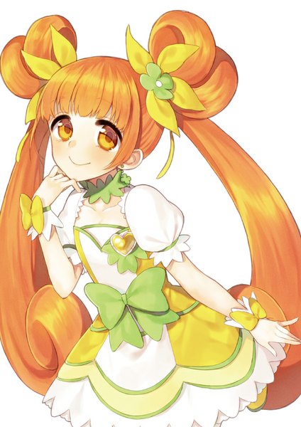 Anime picture 566x800 with precure dokidoki! precure toei animation yotsuba alice cure rosetta midorikawa you single long hair tall image blush fringe simple background smile white background twintails looking away orange hair hair bun (hair buns) orange eyes magical girl