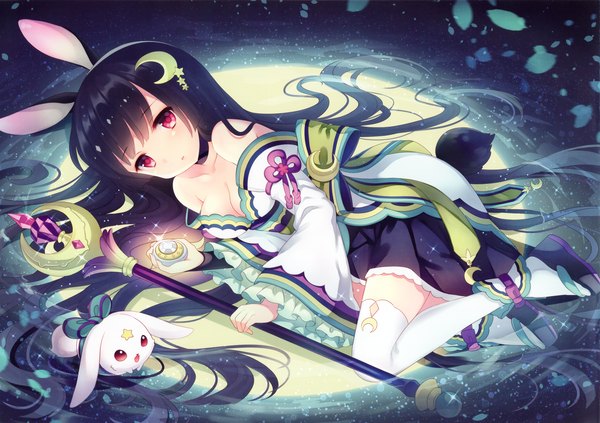Anime picture 5236x3693 with wasabi (sekai) looking at viewer highres breasts black hair red eyes bare shoulders holding animal ears absurdres cleavage bent knee (knees) lying very long hair traditional clothes japanese clothes wide sleeves bunny ears on side glow
