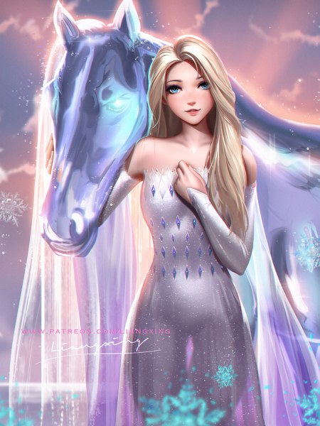 Anime picture 900x1200 with frozen (disney) disney elsa (frozen) liang xing single long hair tall image looking at viewer blush fringe blue eyes blonde hair smile standing bare shoulders signed sky cloud (clouds) outdoors parted lips