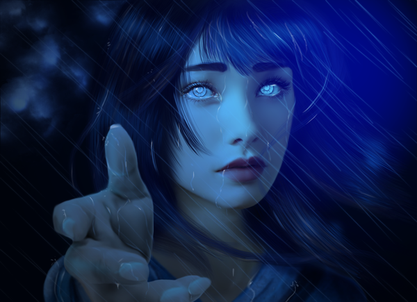 Anime picture 1730x1257 with naruto studio pierrot naruto (series) hyuuga hinata calumbrae single long hair highres black hair sky cloud (clouds) lips realistic wet portrait close-up rain outstretched hand white eyes girl