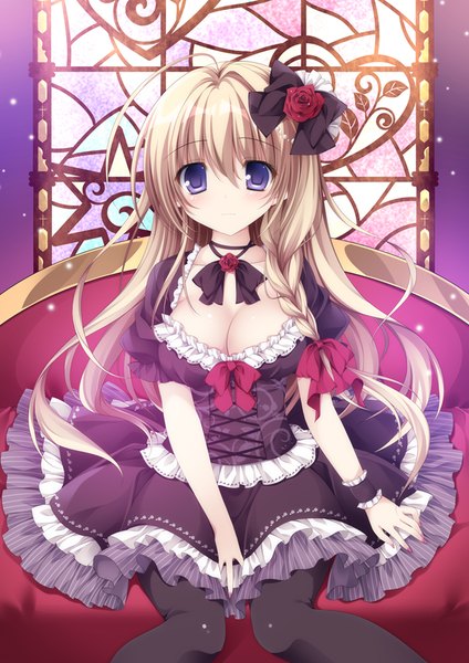 Anime picture 650x919 with original nanaroba hana single long hair tall image looking at viewer breasts blue eyes blonde hair sitting cleavage braid (braids) girl dress bow hair bow frills