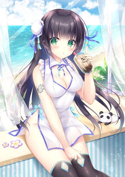 Anime picture 1000x1412 with original kohinata hoshimi single long hair tall image looking at viewer blush fringe breasts light erotic black hair hair between eyes large breasts sitting bare shoulders holding green eyes payot sky cloud (clouds)