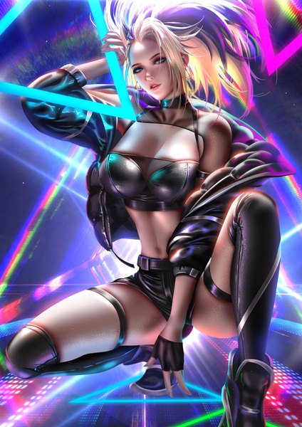 Anime picture 2828x4000 with league of legends k/da (league of legends) akali (league of legends) the baddest akali liang xing single long hair tall image looking at viewer fringe highres breasts blue eyes light erotic blonde hair brown hair large breasts full body parted lips head tilt