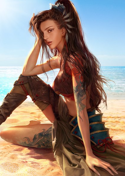Anime picture 950x1344 with jx online 3 beggar's gang da congjun single long hair tall image looking at viewer fringe breasts light erotic simple background brown hair sitting brown eyes outdoors ponytail parted lips realistic arm support tattoo