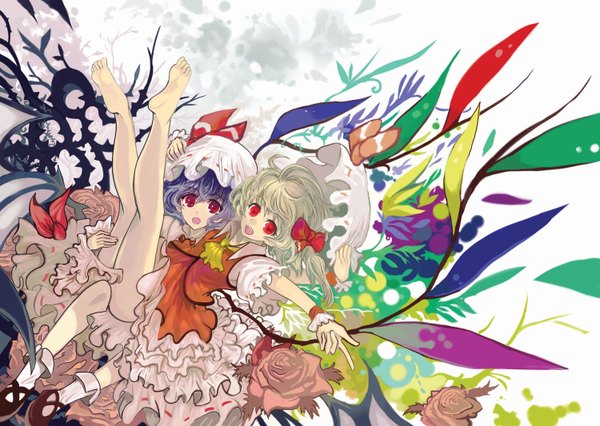 Anime picture 1500x1066 with touhou flandre scarlet remilia scarlet ryuuri susuki (artist) short hair open mouth blonde hair red eyes multiple girls purple hair barefoot legs soles girl dress bow 2 girls hair bow hat wings