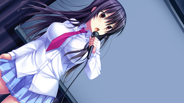 Anime picture 2048x1152 with umisora no fragments kisame kuroki single long hair highres breasts open mouth black hair red eyes wide image large breasts game cg girl skirt uniform school uniform necktie microphone