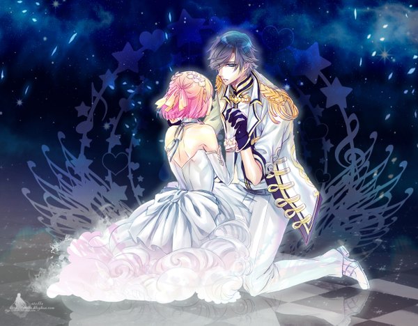 Anime picture 1278x997 with uta no prince-sama a-1 pictures ichinose tokiya nanami haruka (uta no prince-sama) stells short hair bare shoulders blue hair pink hair from behind couple kneeling holding hands half updo checkered floor girl dress boy gloves uniform