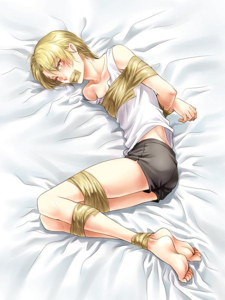 Anime picture 1200x1600 with v-sil single tall image blush short hair light erotic blonde hair yellow eyes lying barefoot bondage tied up tape bondage boy shorts tape