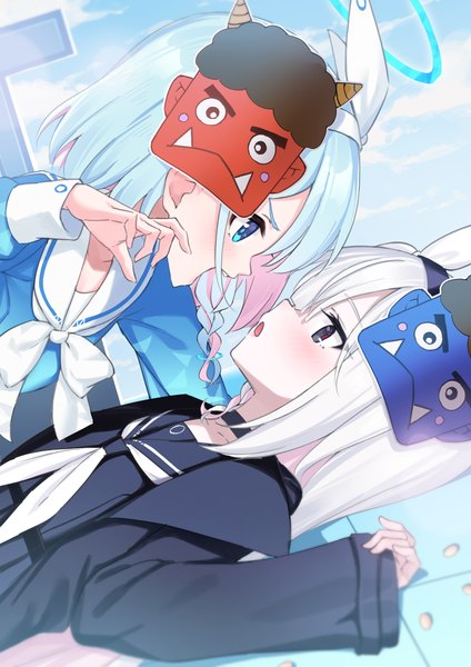 Anime picture 2894x4093 with blue archive arona (blue archive) plana (blue archive) pizza (pizzania company) long hair tall image blush highres short hair open mouth blue eyes multiple girls blue hair upper body white hair long sleeves loli sleeves past wrists mask on head setsubun