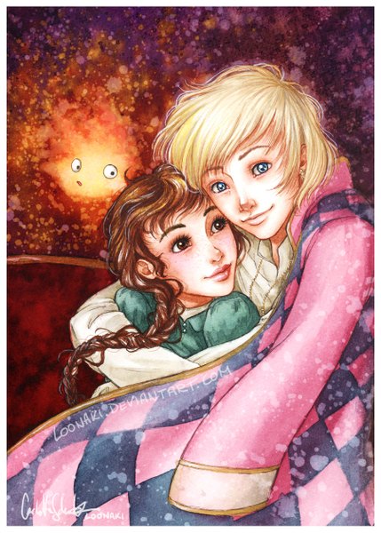 Anime picture 900x1257 with howl's moving castle studio ghibli howl sophie hatter calcifer loonaki tall image blue eyes blonde hair smile brown hair brown eyes braid (braids) open clothes open jacket hug single braid framed girl boy